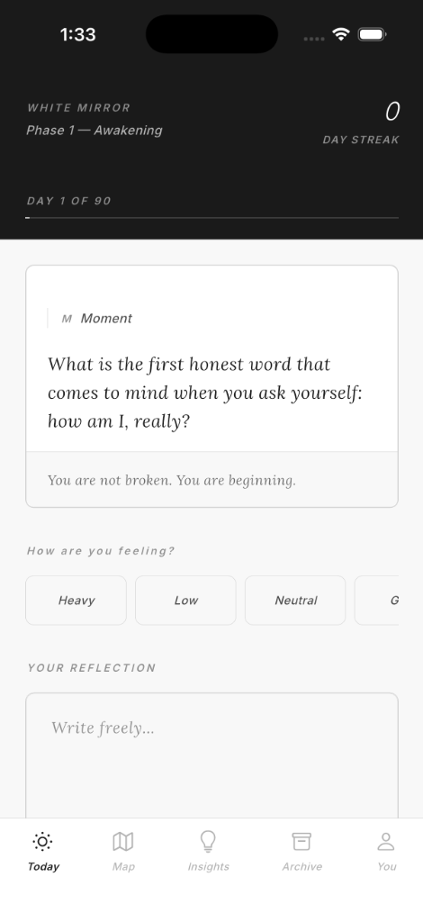 White Mirror companion app UI dashboard reflection